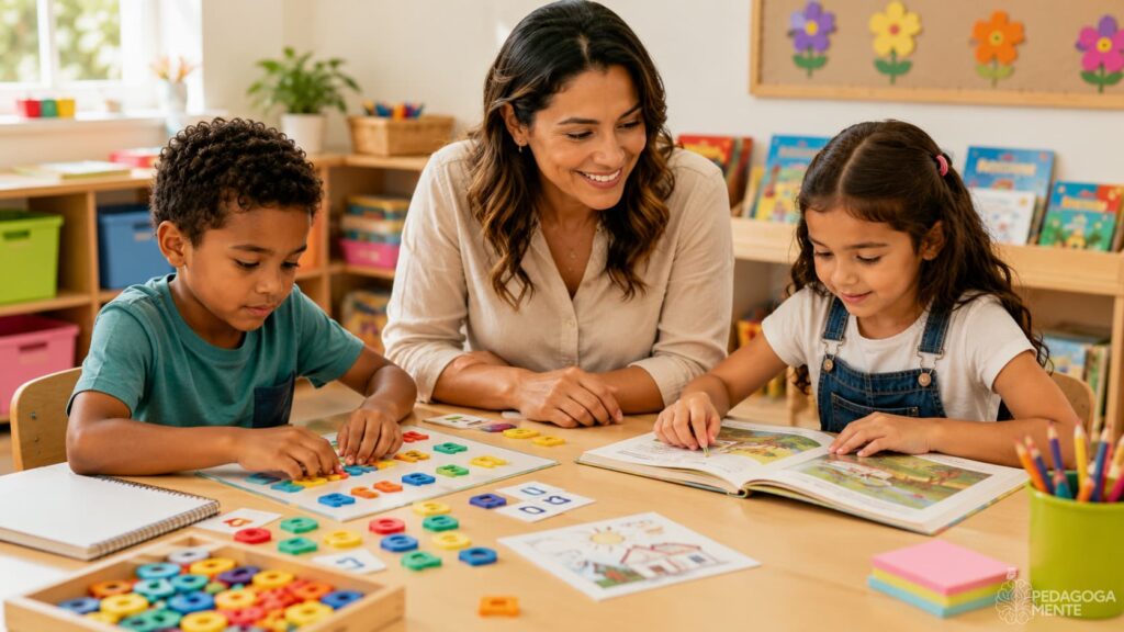 Representação da diferença entre alfabetização e letramento nos anos iniciais com professora e alunos em atividades de leitura e escrita.