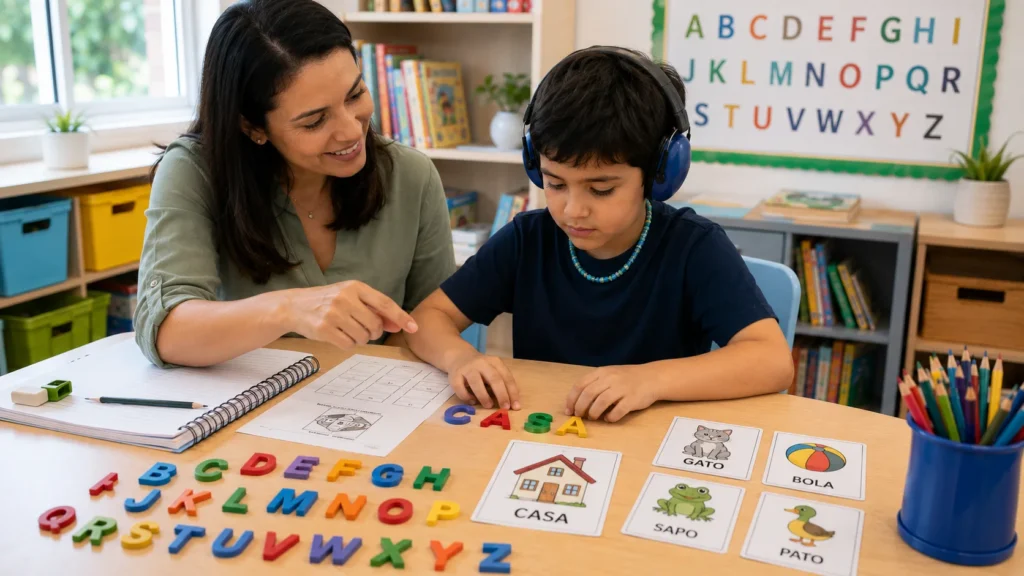 Aluno formando palavras com letras móveis durante atividade de alfabetização.