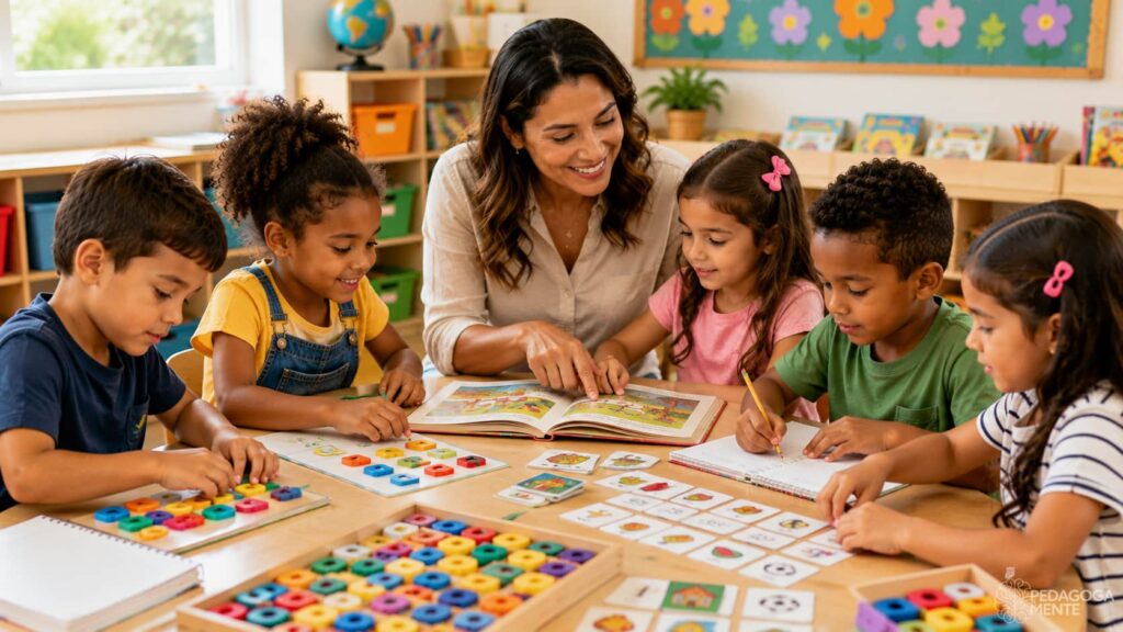 Professora utilizando estratégias eficazes de alfabetização com alunos dos anos iniciais do Ensino Fundamental.