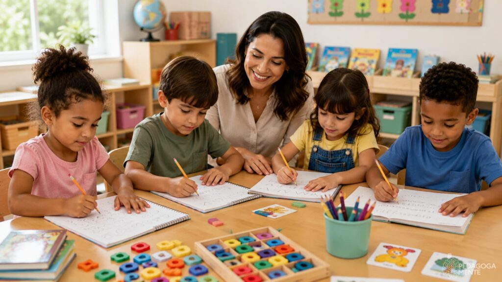 Crianças em diferentes hipóteses de escrita durante a alfabetização nos anos iniciais do Ensino Fundamental.