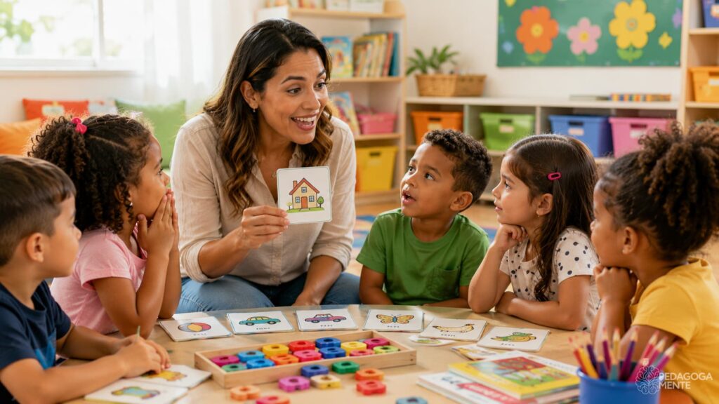 Atividade de consciência fonológica com professora e alunos dos anos iniciais desenvolvendo habilidades de leitura e escrita.