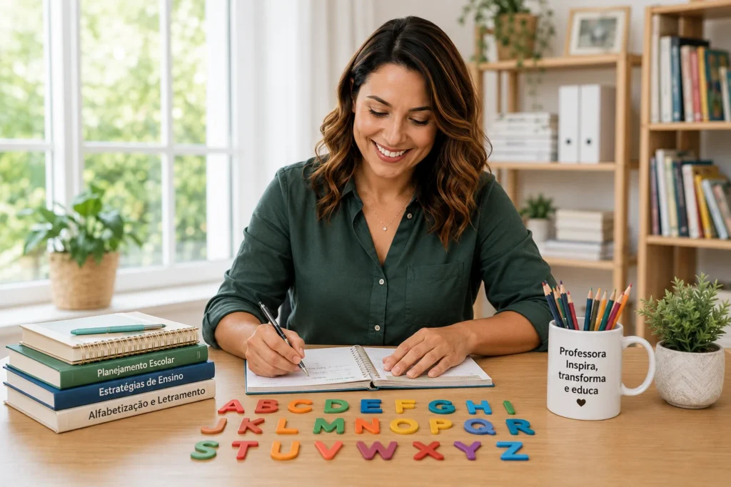 Professora brasileira sorrindo enquanto organiza materiais pedagógicos em uma mesa com livros, cadernos e letras móveis para atividades de alfabetização.