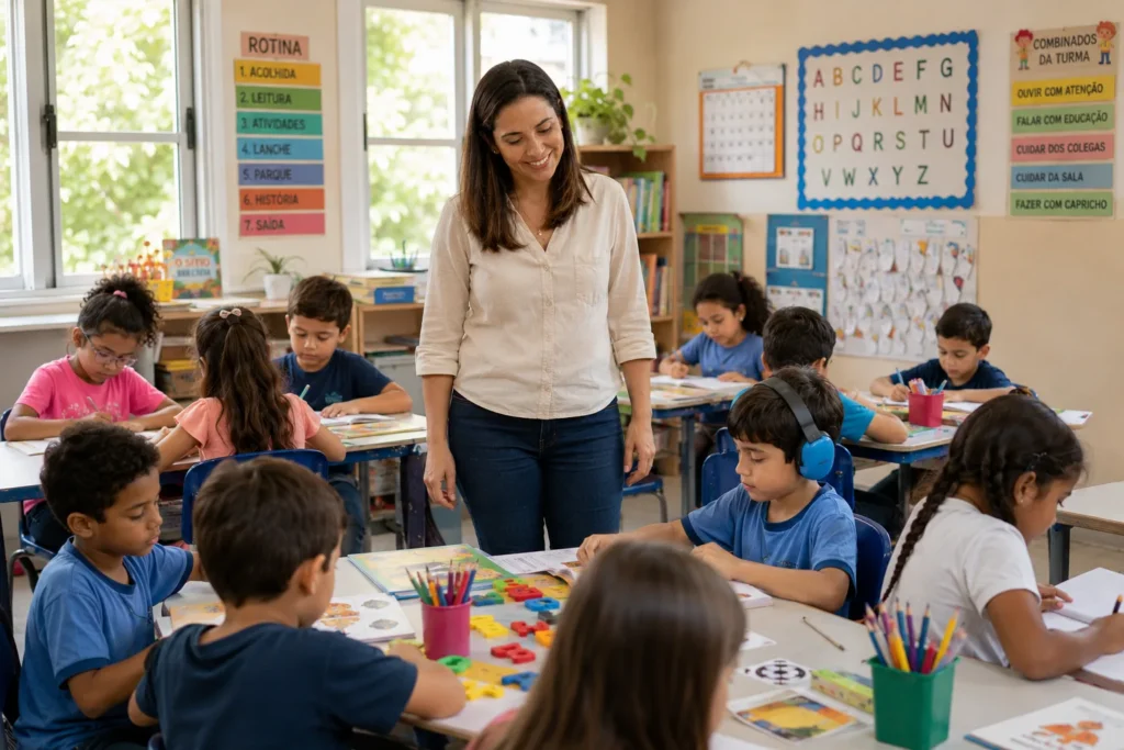Sala de aula inclusiva com professora acompanhando alunos durante atividade de alfabetização.
