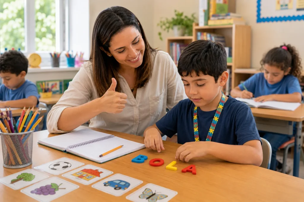 Professora elogiando aluno após concluir atividade de alfabetização.