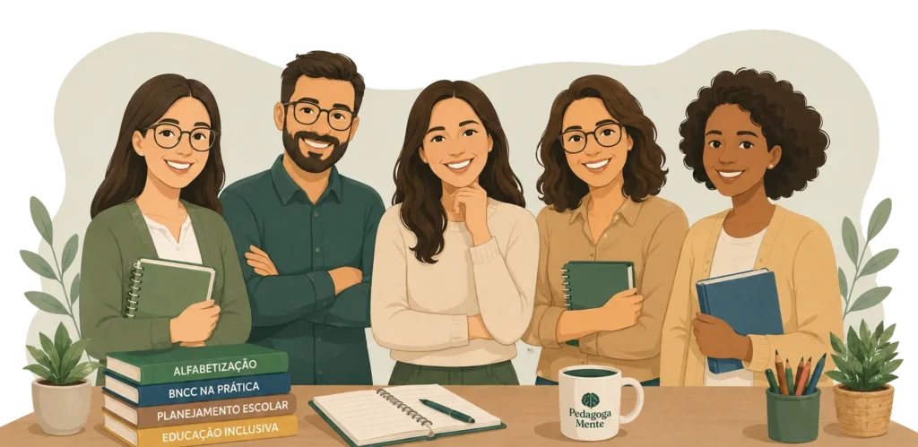 imagem em desenho ilustrativa de professores unidos e confiantes diante de uma mesa com materiais pedagógicos.