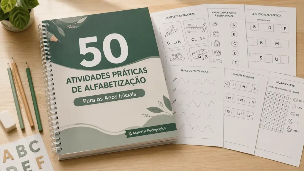 Livro pedagógico com o título "50 Atividades Práticas de Alfabetização para os Anos Iniciais", acompanhado de páginas abertas mostrando exemplos de atividades educativas prontas para impressão.