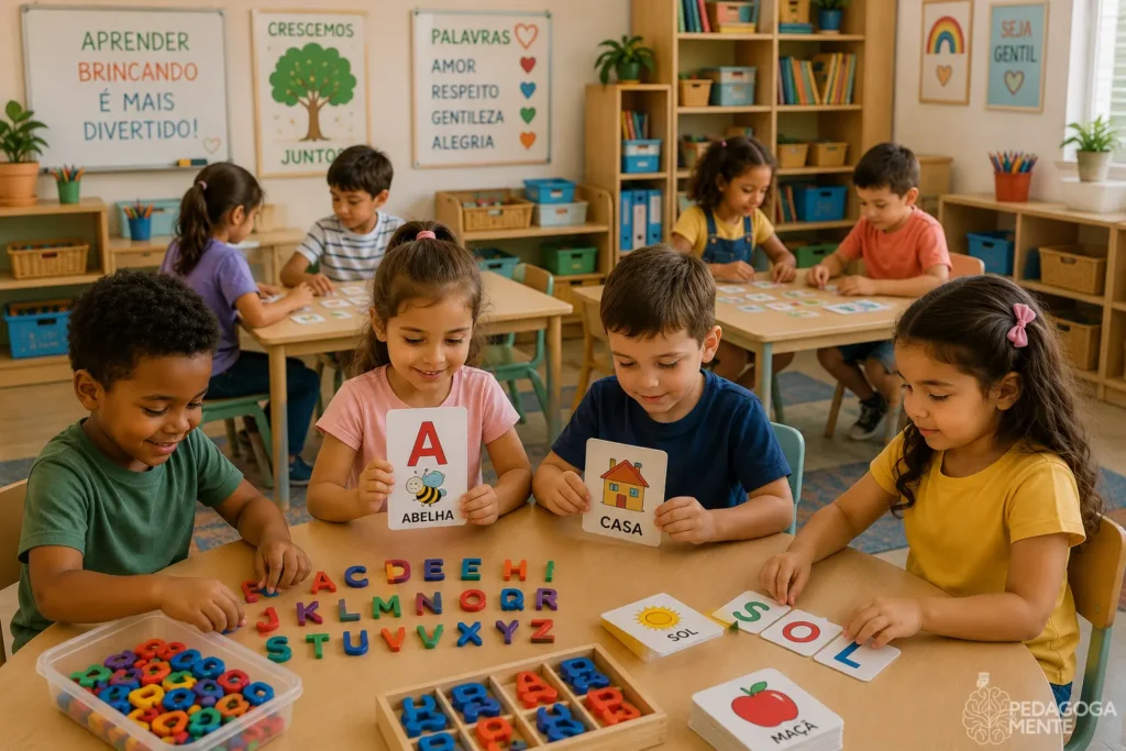 Crianças brasileiras utilizando jogos pedagógicos, flash cards ilustrados e letras móveis durante uma atividade de alfabetização em sala de aula dos anos iniciais.