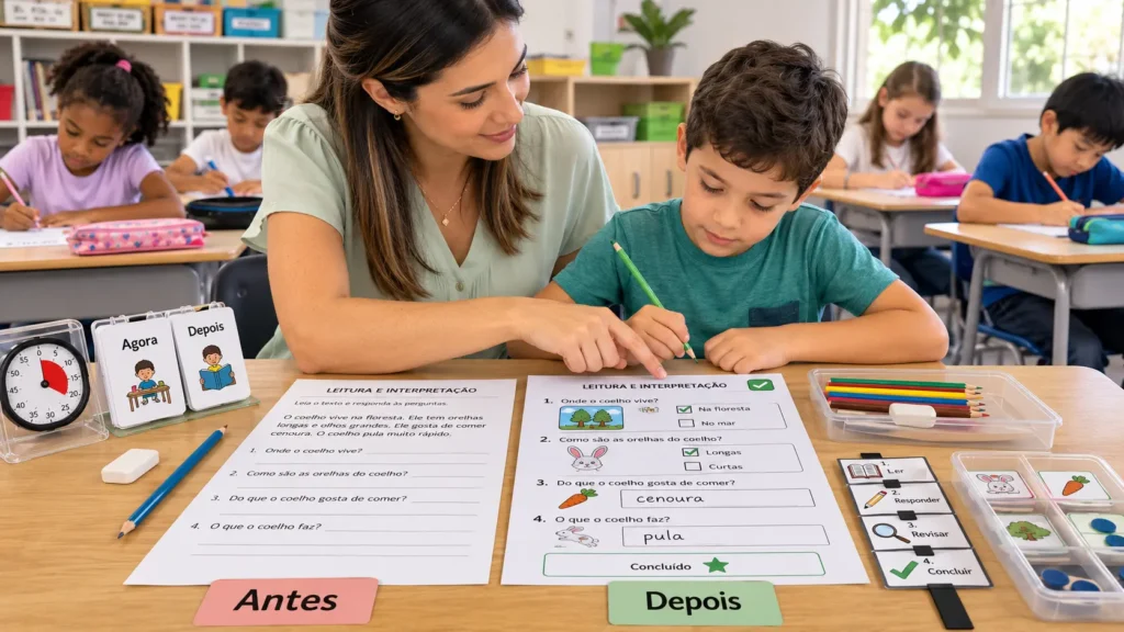 Comparação entre uma atividade tradicional e uma atividade adaptada para um aluno com TEA.