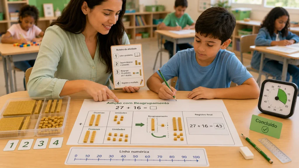 Professora auxiliando um aluno com TEA em uma atividade de adição com reagrupamento utilizando material dourado e roteiro visual.