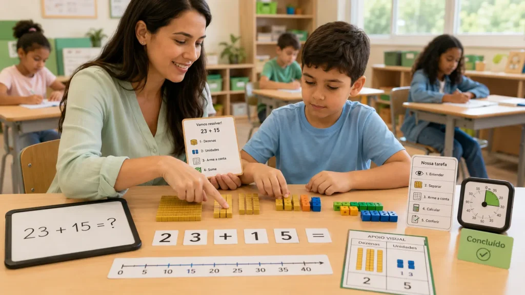 Professora adaptando uma atividade de Matemática para um aluno com TEA utilizando materiais concretos em uma sala de aula inclusiva.