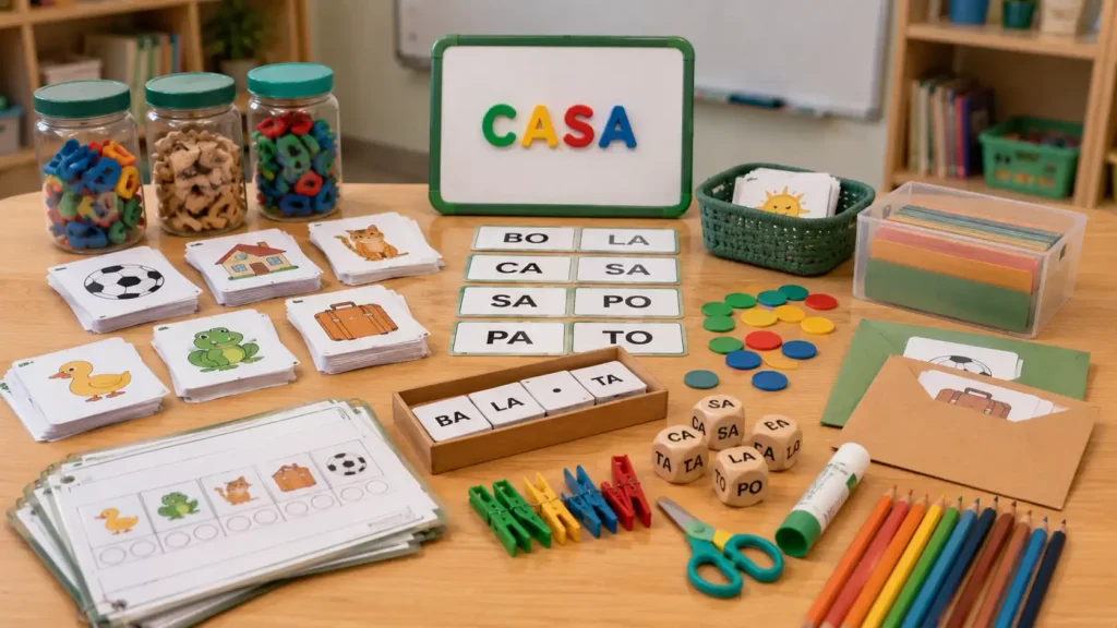Materiais pedagógicos para trabalhar consciência fonológica com alunos dos Anos Iniciais, como letras móveis, cartões ilustrados, dominó de sílabas e jogos educativos.
