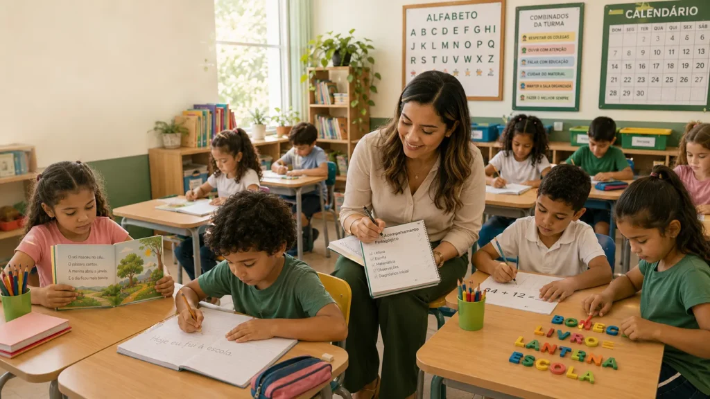 Professora observando o desempenho dos alunos durante uma atividade de avaliação diagnóstica no 2º ano do Ensino Fundamental.