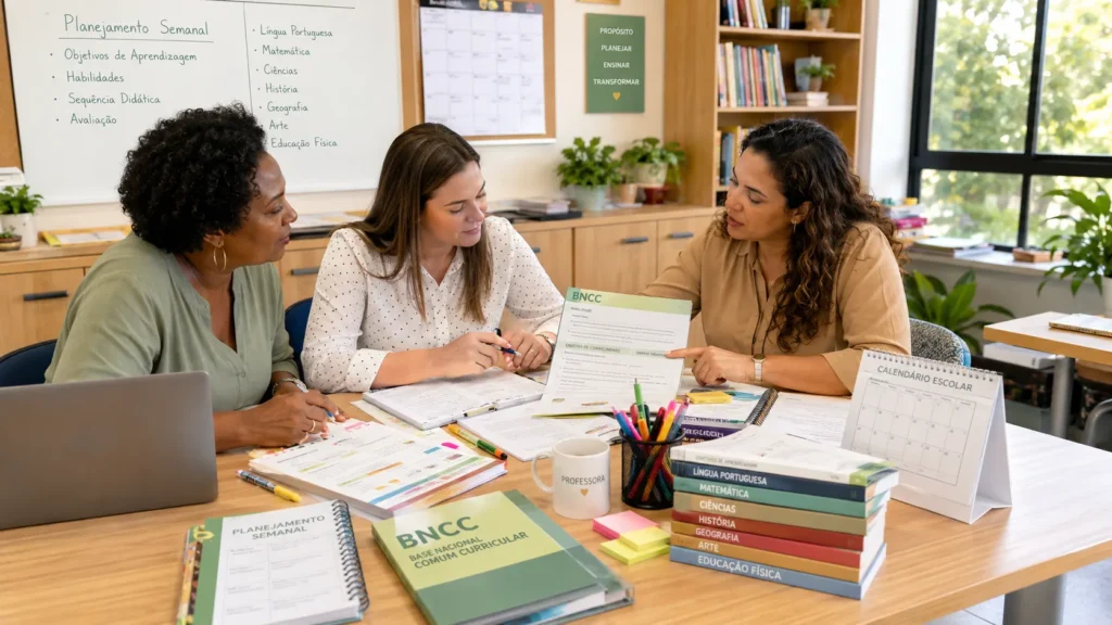 Professoras consultando a BNCC enquanto organizam o planejamento das aulas dos anos iniciais.