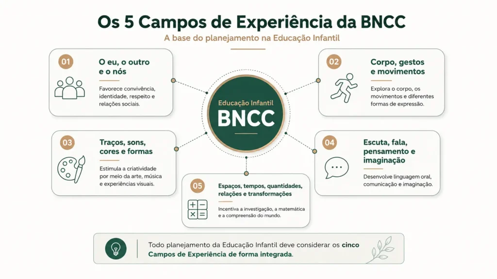 Infográfico mostrando os cinco Campos de Experiência da BNCC na Educação Infantil: O eu, o outro e o nós; Corpo, gestos e movimentos; Traços, sons, cores e formas; Escuta, fala, pensamento e imaginação; Espaços, tempos, quantidades, relações e transformações.