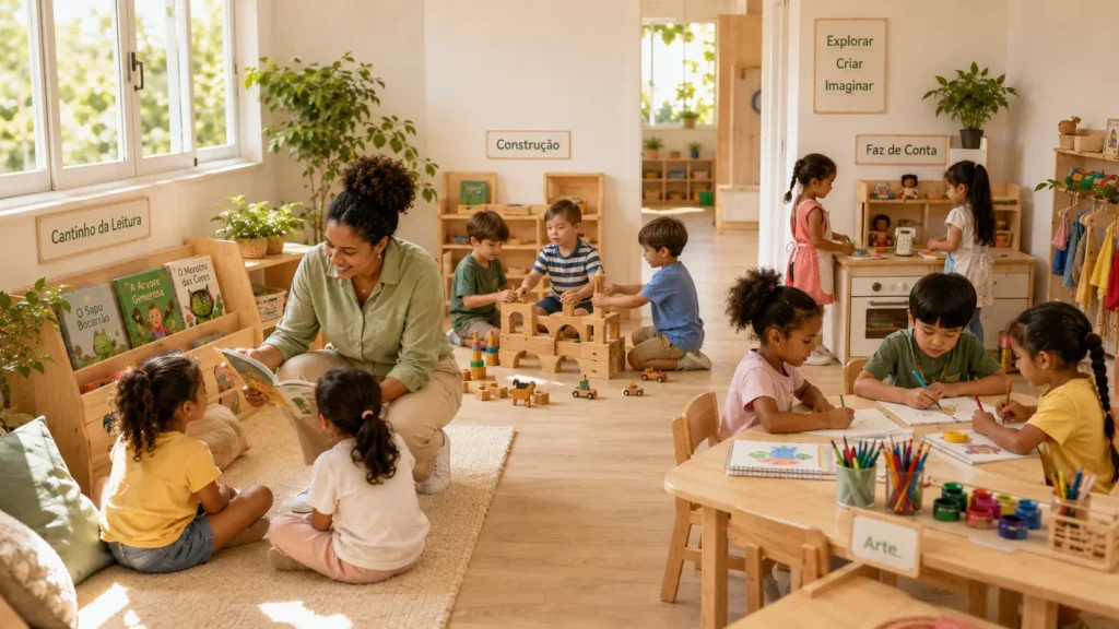 Crianças brasileiras explorando cantos temáticos de leitura, construção, arte e faz de conta em uma sala de Educação Infantil.