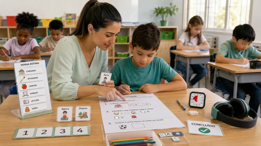 Professora auxiliando um aluno com TEA durante uma atividade adaptada em sala de aula inclusiva.