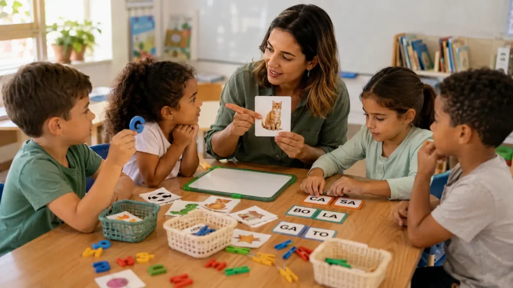 Professora desenvolvendo consciência fonológica em sala de aula com crianças utilizando letras móveis, sílabas e cartões ilustrados durante a alfabetização.