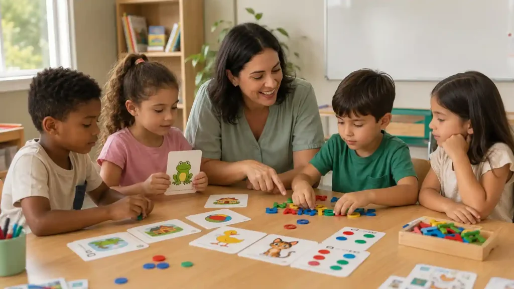 Professora trabalhando consciência fonológica com alunos dos Anos Iniciais por meio de letras móveis, cartões com sílabas e atividades práticas de alfabetização.