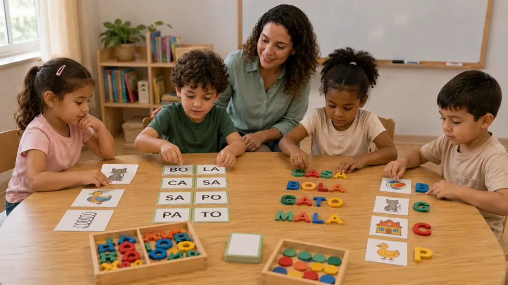 Alunos dos Anos Iniciais desenvolvendo habilidades de consciência fonológica por meio de atividades práticas com sílabas, letras móveis e figuras.