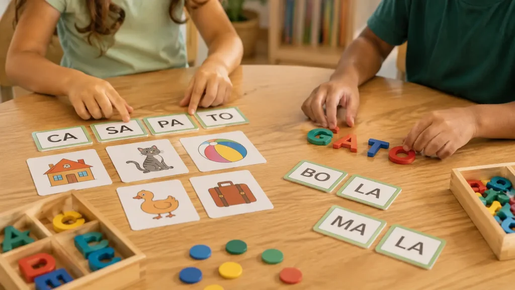 Mesa pedagógica com letras móveis, sílabas e cartões ilustrados sendo utilizados por crianças em uma atividade de consciência fonológica durante a alfabetização.