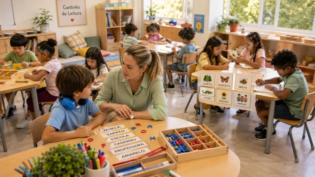 Professora atendendo grupos de alunos com diferentes níveis de aprendizagem em sala de aula.
