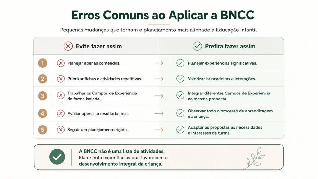 Infográfico em formato de comparação mostrando erros comuns ao aplicar a BNCC na Educação Infantil e as práticas recomendadas, como priorizar experiências, brincadeiras, integração dos Campos de Experiência e avaliação contínua.