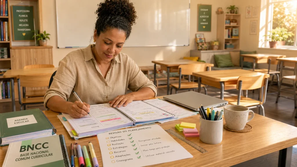 Professora revisando seu planejamento pedagógico para evitar erros na organização das aulas.