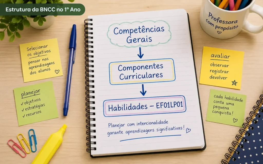 Planejamento BNCC para o 1° ano - Caderno de planejamento aberto com anotações manuscritas mostrando a hierarquia da BNCC: Competências Gerais, Componentes Curriculares e Habilidades