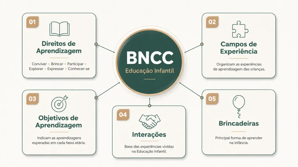 Infográfico explicando a estrutura da BNCC na Educação Infantil, com um diagrama central ligado aos Direitos de Aprendizagem, Campos de Experiência, Objetivos de Aprendizagem, Interações e Brincadeiras.