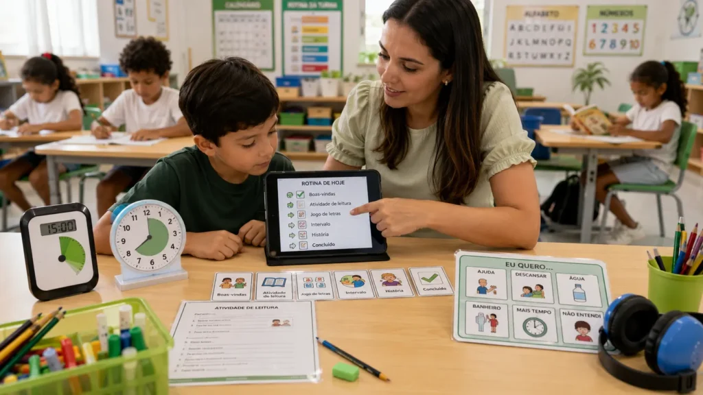 Professora utilizando um tablet com rotina visual digital ao lado de um aluno com TEA.
