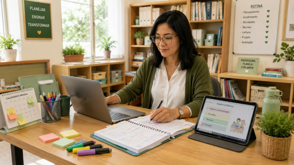 Professora utilizando notebook e ferramentas digitais para planejar aulas alinhadas à BNCC.