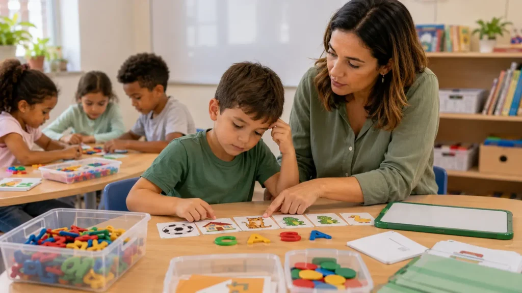 Professora acompanhando individualmente um aluno durante uma atividade de consciência fonológica com letras móveis e cartões ilustrados nos Anos Iniciais.