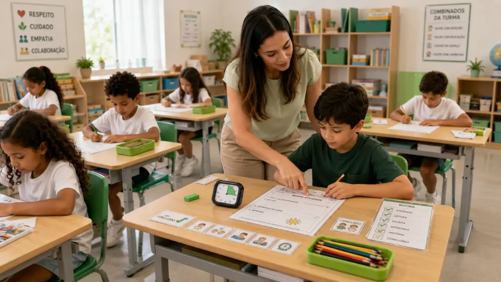 Professora conduzindo uma atividade coletiva com participação de um aluno com TEA em sala de aula inclusiva.