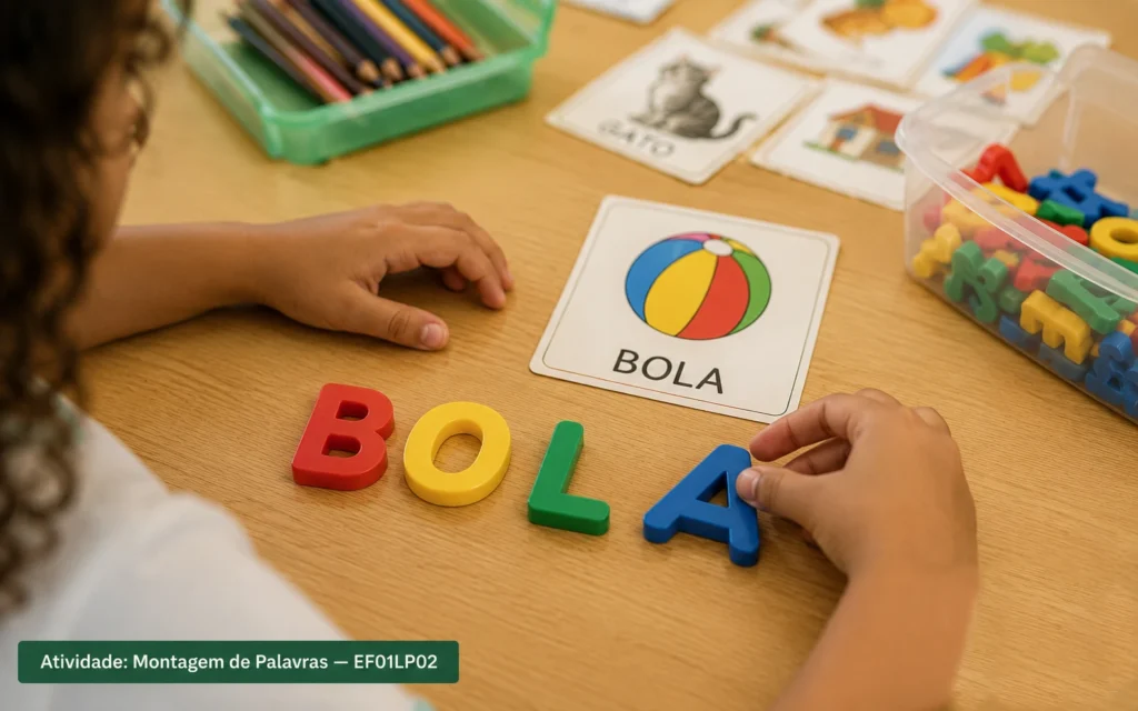 Crianças brasileiras de 6 anos manipulando letras móveis coloridas sobre mesa escolar em atividade de consciência fonológica