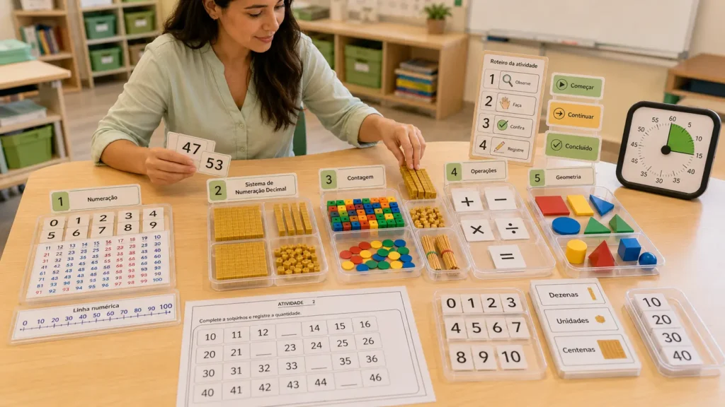 Mesa pedagógica organizada com material dourado, ábaco, linha numérica e recursos visuais para ensinar Matemática a alunos com TEA.