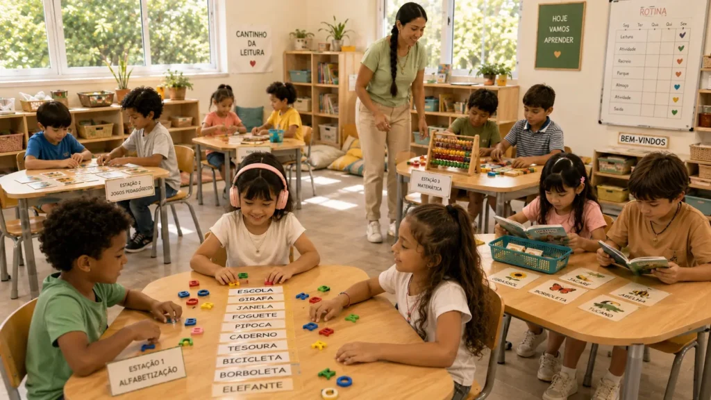 Mesa organizada com materiais pedagógicos utilizados por professores dos anos iniciais.