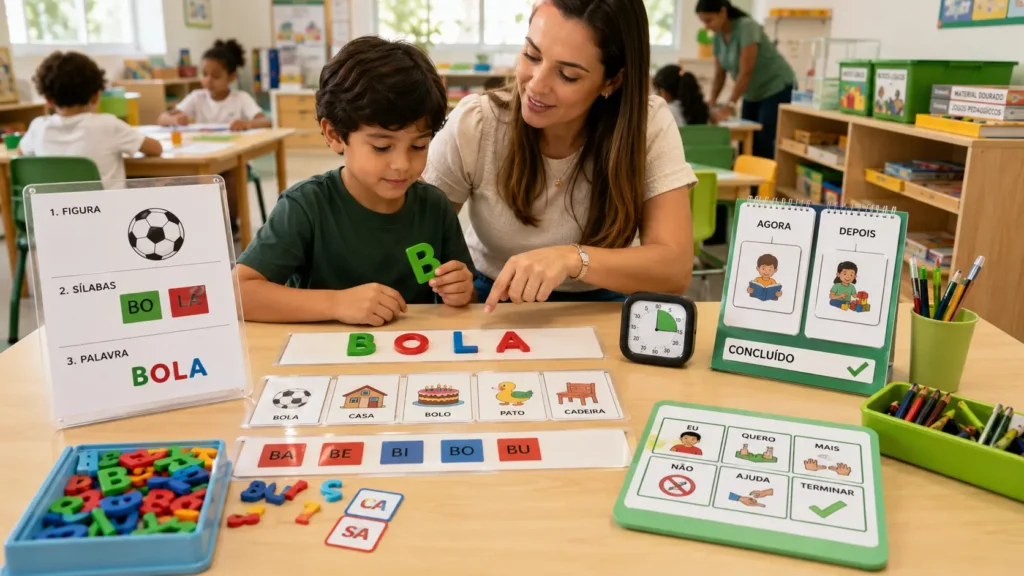 Aluno com TEA utilizando letras móveis e material concreto durante uma atividade de alfabetização.