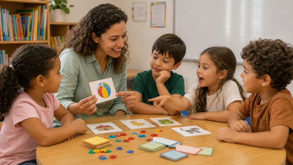 Professora trabalhando consciência fonológica com crianças dos Anos Iniciais utilizando cartões ilustrados e atividades orais para desenvolver a percepção dos sons da fala.