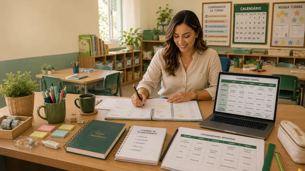 Professora organizando planner, agenda e planejamento escolar para otimizar a rotina docente.