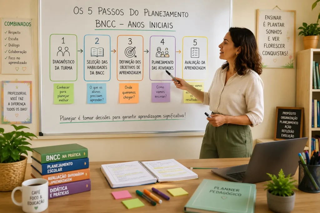Professora organizando o planejamento em etapas para desenvolver aulas alinhadas à BNCC.