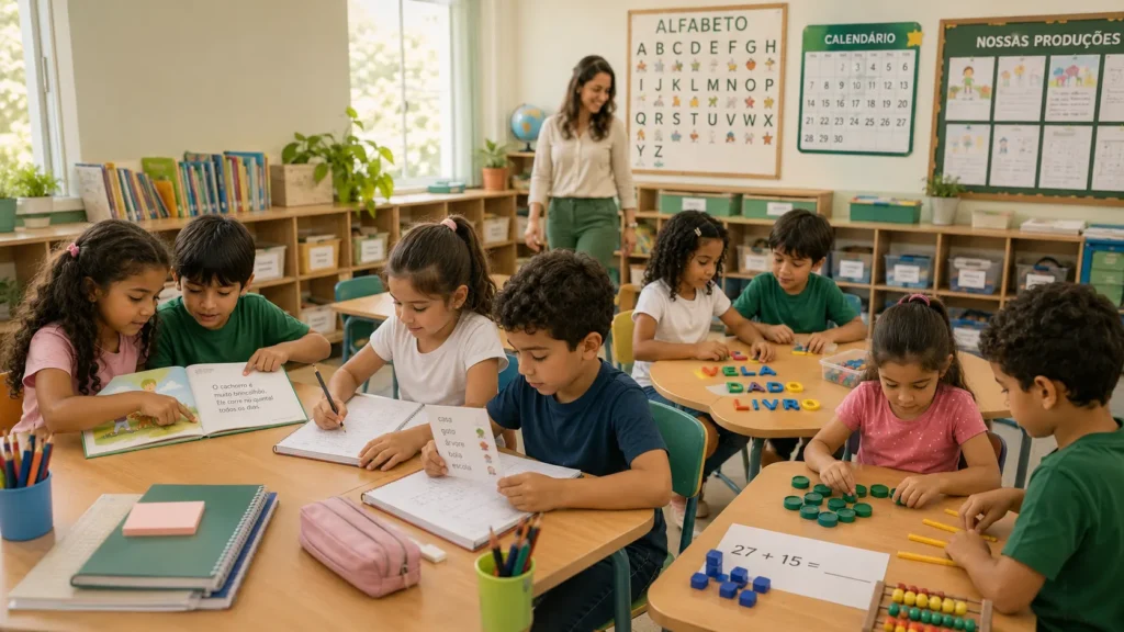 Alunos do 2º ano participando de atividades de leitura, escrita e matemática durante uma aula alinhada à BNCC.