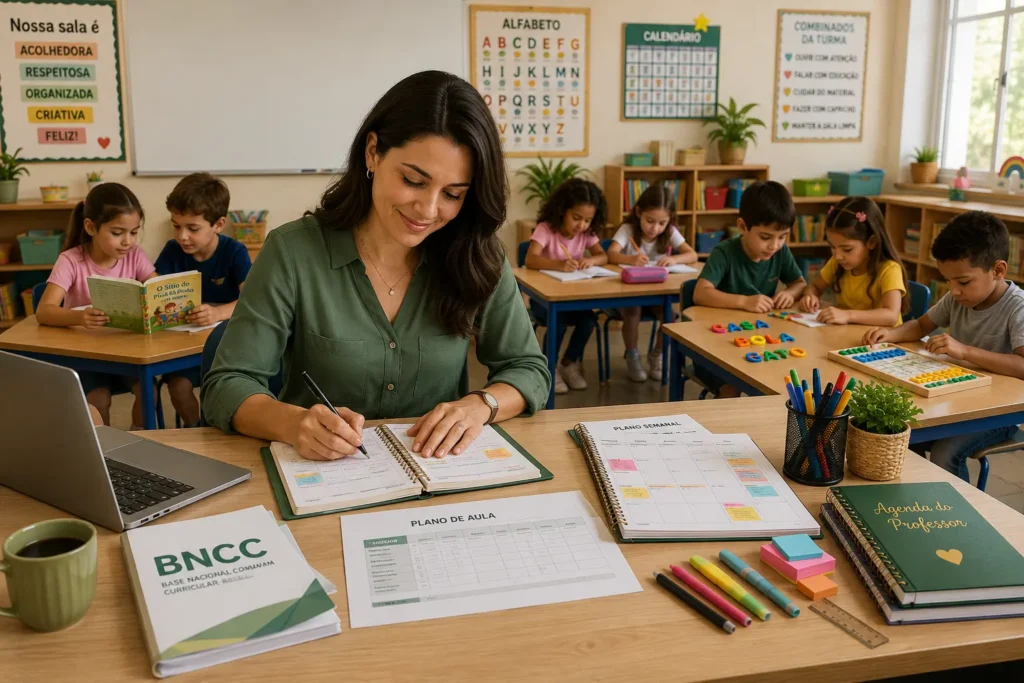 Professora organizando o planejamento escolar alinhado à BNCC para uma turma do 2º ano do Ensino Fundamental.