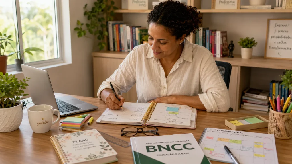 Professora brasileira organizando o planejamento escolar alinhado à BNCC para os anos iniciais do Ensino Fundamental.