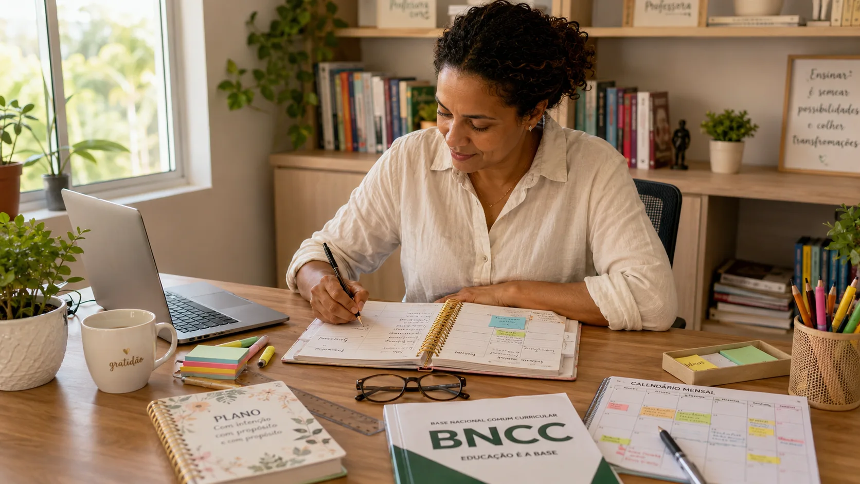 Professora brasileira organizando o planejamento escolar alinhado à BNCC para os anos iniciais do Ensino Fundamental.