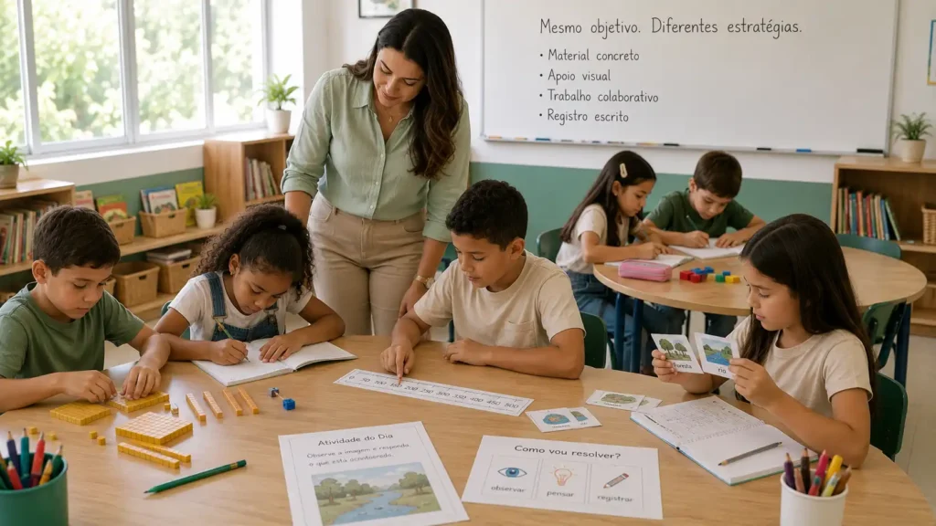 Professora acompanhando alunos com diferentes estratégias de aprendizagem durante uma atividade em sala de aula.