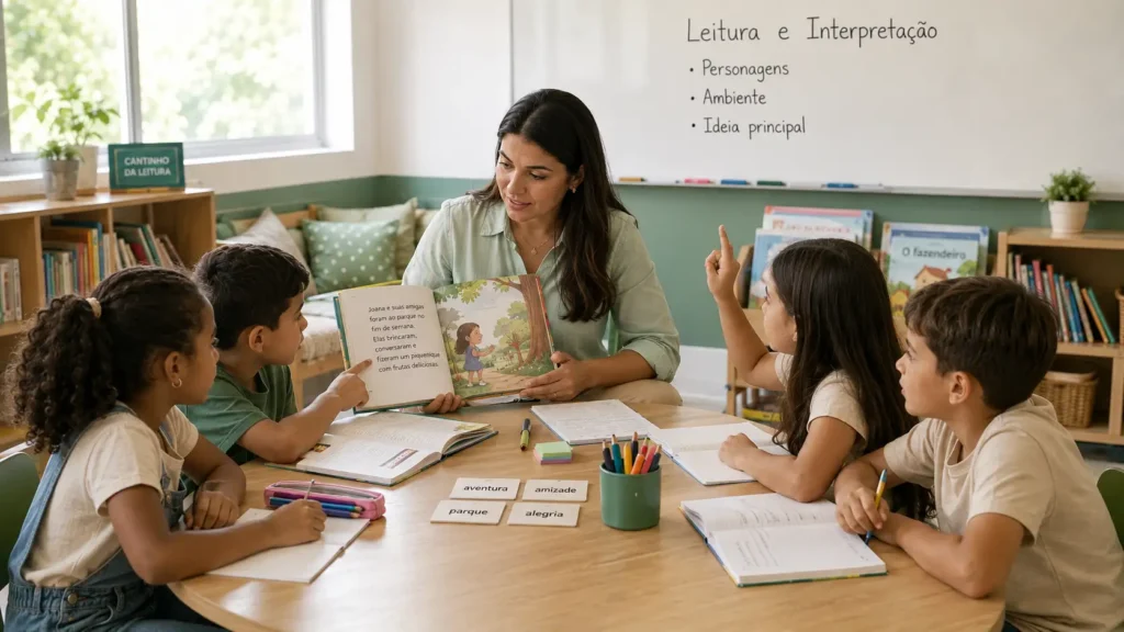 Professora realizando uma atividade de leitura e interpretação de texto com alunos do 3º ano do Ensino Fundamental.