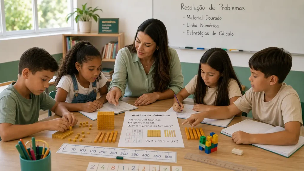 Alunos utilizando material dourado e linha numérica durante uma aula de Matemática do 3º ano.