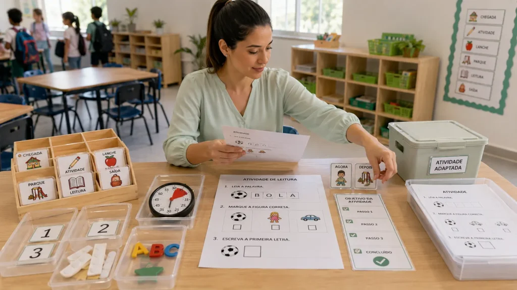 Professora organizando materiais visuais para um aluno com TEA antes do início da atividade.