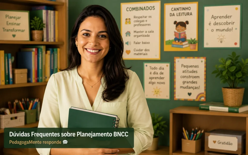 Professora brasileira sorrindo em sala de aula organizada, representando suporte e orientação pedagógica para professores do 1º ano