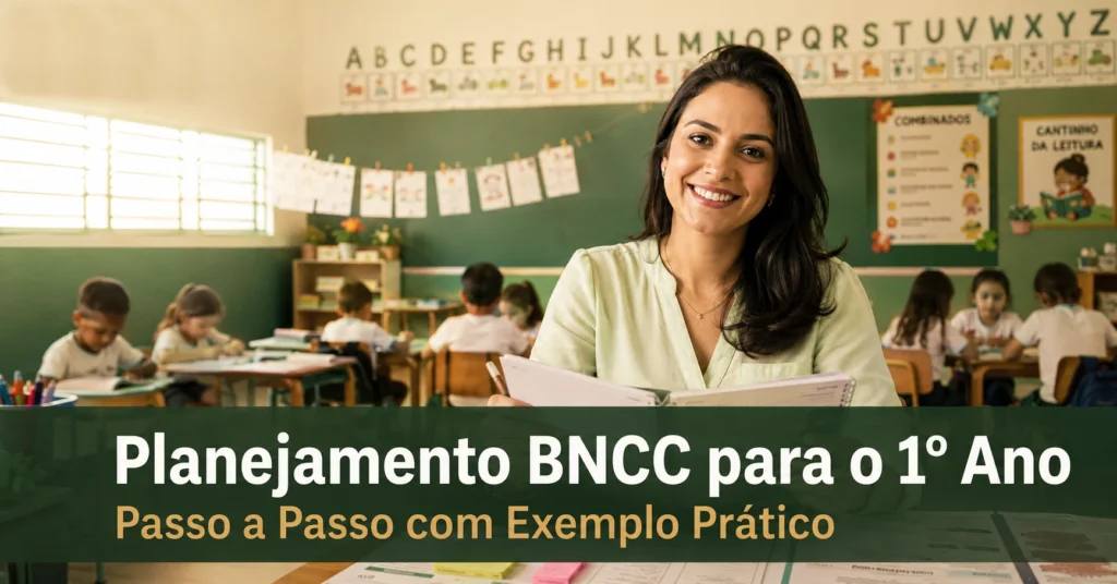 Professora brasileira segurando caderno de planejamento em sala de aula colorida do 1º ano do Ensino Fundamental